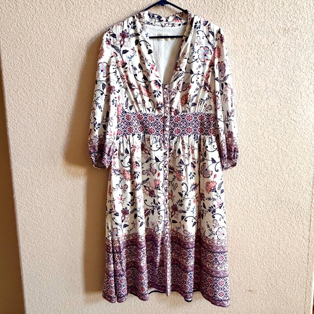 Eliza J Dress Size 16 White Blue Pink Linen Boho Floral Bloomcore Festival Vacay